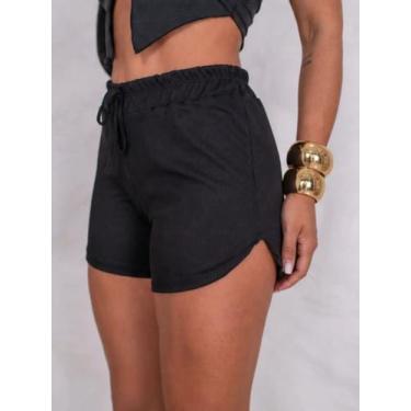 Imagem de Short Canelado Feminino Cintura Alta E Cordão Bolsos Lateral Barra Arr
