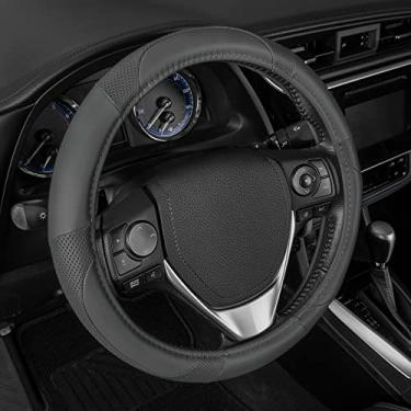 Imagem de Motor Trend Capa de volante cinza macia – Couro de microfibra perfurado com costura clássica para tamanhos 37 a 38 cm, toda cinza