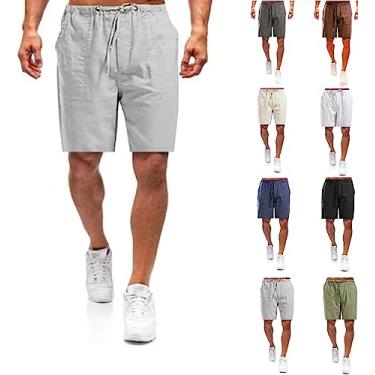 Imagem de Shorts masculinos casuais de linho, shorts masculinos casuais de linho de algodão com cordão e bolsos, shorts de praia de verão (Gray,X-Large)