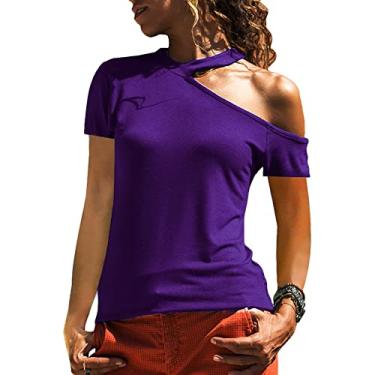 Imagem de JW-YZJW Camisetas femininas de manga curta, casual chanfrada com ombros de fora, camisas casuais de verão blusas femininas modernas, Roxo, P