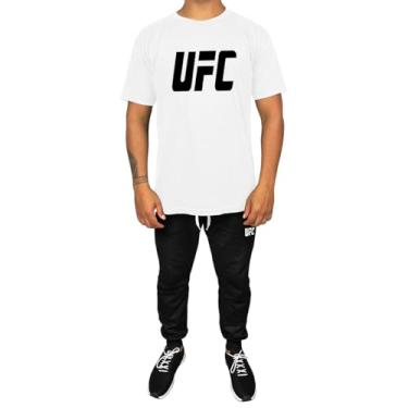 Imagem de Kit Conjunto Masculino Camiseta Algodão e Calça Moletom Casual Estampado UFC (Branco, G)