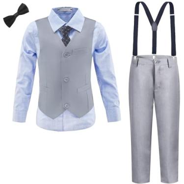 Imagem de Conjunto de roupas formais para meninos, smoking e calça xadrez, suspensórios, para meninos adolescentes, Conjunto de calça colete cinza claro, 12