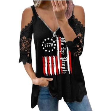 Imagem de Camiseta feminina com estampa do Dia da Independência do Dia da Independência de renda engraçada com zíper e gola V com bandeira americana, A - preto - 2, P