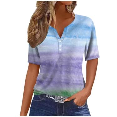 Imagem de Camisetas femininas de manga curta outono verão gola V gradiente ajuste solto tie dye longo camiseta feminina 2024, C-866 multicolorido, G