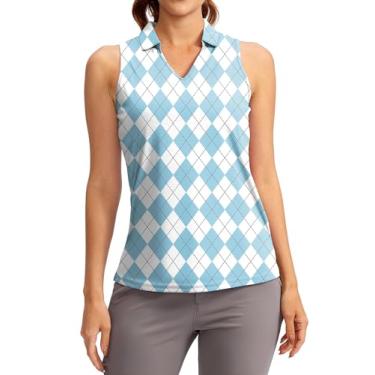 Imagem de Zcargel Camisa feminina de golfe gola V tecido de secagem rápida camiseta polo de golfe sem mangas em cores lisas, Azul, G