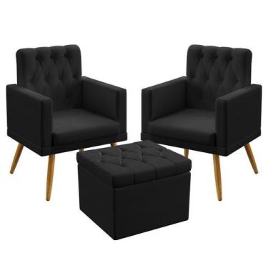 Imagem de 2 Poltronas Nina Estofada Com Rodapé E Capitonê Com Puff Quasar Couro 