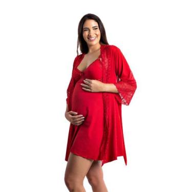 Imagem de Kit Camisola Amamentação com Click Frontal e Robe Luxo - Roupa De Dorm