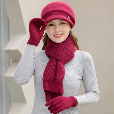 Imagem de Chapéu De Inverno Casual Feminino Com Aba, Cachecol e Luvas ELASHOPP, 