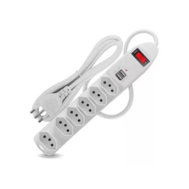 Imagem de Extensao eletrica regua 6 tomadas 2 portas usb branco 1.5m sl7906 xtra
