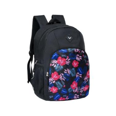 Imagem de Mochila Escolar Juvenil Adulto Grande Bolso Frontal Lateral Preta Rosa