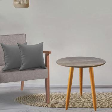 Imagem de Kit Mesa Lateral Madrid Pé Palito Imbuia e 2 Almofadas Com Enchimento Suede Cinza - Ahazzo Móveis