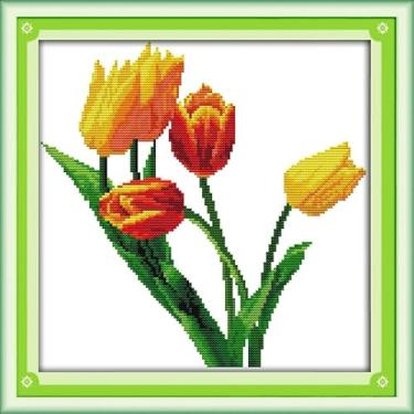 Imagem de Benway Kit de ponto cruz pré-impresso estampado 11 CT, kit de bordado, tapeçaria, decoração de parede, presente para ela, presente DIY para vovó, flores de tulipa vermelha amarela 39 × 39 cm, 15,35" x