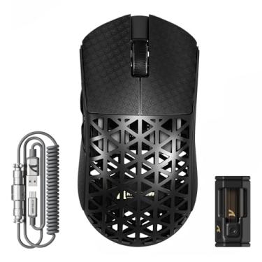 Imagem de ATTACK SHARK R5 Mouse para jogos ultra sem fio, concha de fibra de carbono 39 g superleve, PAW3950MAX Nordic 52840 MCU 8K Polling 42K DPI, mouse com fio BT/2.4G/USB-C com cabo enrolado - preto e fita