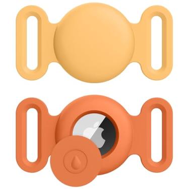 Imagem de Suporte para coleira de cachorro Air Tag, pacote com 2 acessórios de rastreamento GPS antiperda de silicone para coleiras de cães e gatos (amarelo + laranja, grande)