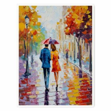 Imagem de Arte de parede de casal romântico no outono - impressão em tela de cena de rua impressionista, pintura colorida de amor de outono para decoração de parede de quarto ou sala de estar - 30 x 40 cm