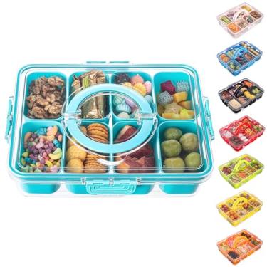 Imagem de Bandeja de servir dividida com tampa e alça – recipiente de charcutaria para lanche portátil organizador de pratos para doces, frutas, nozes, lanches - perfeita para festas, entretenimento, azul lago