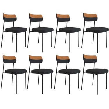 Imagem de Kit 08 Cadeiras Decorativas Estofada Sala Melina F01 Linho Grafite Couríssimo Caramelo - Lyam Decor