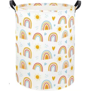 Imagem de TIBAOLOVER Cesto de lavanderia infantil cesto de armazenamento de brinquedos para decoração de quarto de meninos, cesto de berçário, cestas de presente para quarto de banho (arco-íris colorido)