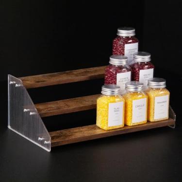 Imagem de nianfeng Porta-temperos em camadas, organizador de armário de cozinha de 3 níveis, 30 cm, suporte de escada de acrílico de madeira natural, prateleira de tempero de bancada (marrom rústico)