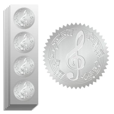 Imagem de Peacoblue Adesivo de folha de prata com notas musicais em relevo 5 cm 100 peças para decoração de cartão de presente de Natal, selos de envelope, convite de festa familiar, adesivos em relevo