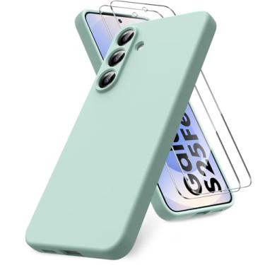 Imagem de Vansdon Capa para Samsung Galaxy S25 FE, capa de telefone de silicone líquido TPU macio com 2 protetores de tela, proteção de nível militar à prova de choque fina capa de telefone verde menta