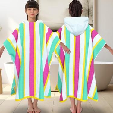 Imagem de VOOVA & MOVAS Poncho de toalha de praia com capuz grande para adolescentes (8-16) | Roupão unissex 100% algodão, grosso e absorvente | Perfeito para praia, piscina, banheiro | Listras de cabana