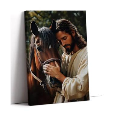 Imagem de Arte de parede Jesus Decoração Cristã emoldurada Cristo Jesus Tocando Cabeça de Cavalo Pinturas Vintage Religião Espiritual Impressão em Tela Sala de Estar Quarto Pronto para Pendurar - 30,48 cm x
