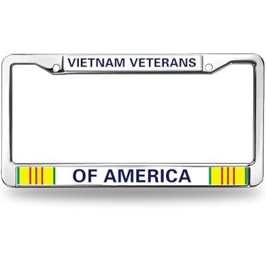 Imagem de Moldura cromada para placa de carro do Vietnã Veterans of America com 2 furos, suporte de placa de carro veterano do exército dos EUA Vietnã com conjuntos de tampas de parafusos