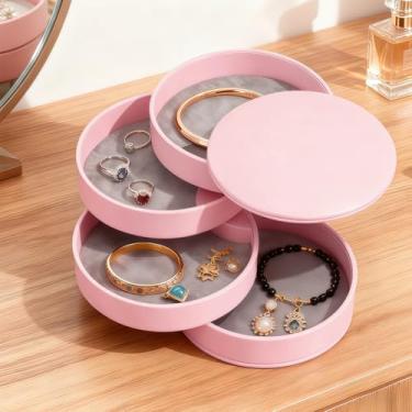 Imagem de Caixa de joias pequena, estojo organizador de joias giratório de 5 camadas para brincos, anéis, colares, pulseiras, presente para mulheres (rosa)