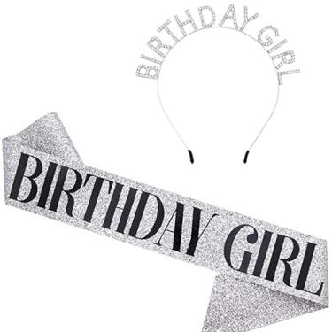 Imagem de Kit de faixa de aniversário e tiara ouro rosa prata glitter faixa "Birthday Girl" folha preta prata glitter lembrancinhas de festa para Sweet 16 18th 21st 30th 50th Bday Party Headband