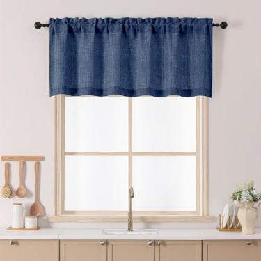 Imagem de Chyhomenyc Cortinas de cozinha azul marinho 55 cm de comprimento, filtro de luz de linho sintético texturizado pequena meia janela cortina de café, cortinas curtas para armário, banheiro, porão
