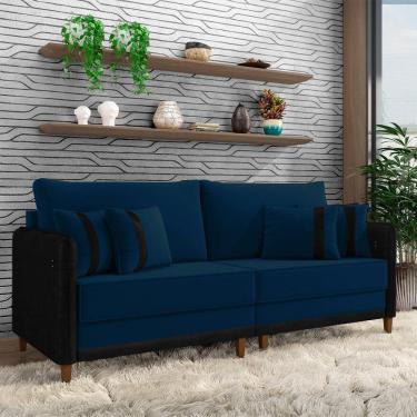 Imagem de Sofá Living Montecarlo 2 Lugares Bipartido 212cm Pés Em Madeira Veludo-pu Azul-preto G33 Gran Belo