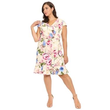 Imagem de London Times Vestido feminino feminino com decote em V, manga curta, caimento justo e rodado, comprimento até o joelho, Marfim/rosa, 52