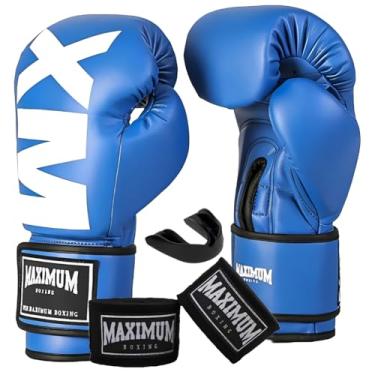 Imagem de Luva De Boxe Muay Thai + Bandagem + Protetor Bucal - Maximum (MXM Azul, 12oz)