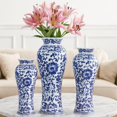 Imagem de LemonRoad Pacote com 3 vasos de porcelana chinoiserie azul e branco para flores, cerâmica, vaso de cerâmica chinoiserie para sala de estar, cozinha, quarto, decoração de mesa, peça central, 17 cm, 21
