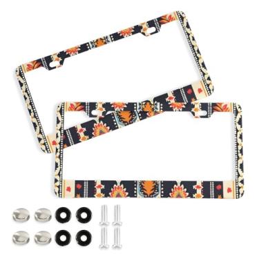 Imagem de CEBUGI Pacote com 2 molduras de placa de carro de alumínio capas de moldura de placa de carro com 2 furos Boho floral acessórios automotivos para placas dianteiras e traseiras orifício elíptico