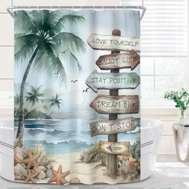 Imagem de Riyidecor Cortina de chuveiro de praia tropical pequena para decoração de banheiro 147x78H barraca estreita longa palmeira azul litorânea pôr do sol citações arte impressa tecido poliéster impermeável