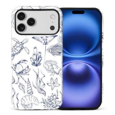Imagem de Capa para iPhone 17 Pro Max, proteção contra quedas durável de silicone à prova de choque + capa protetora híbrida de policarbonato rígido 2 em 1 com design de padrão elegante mar animal azul praia