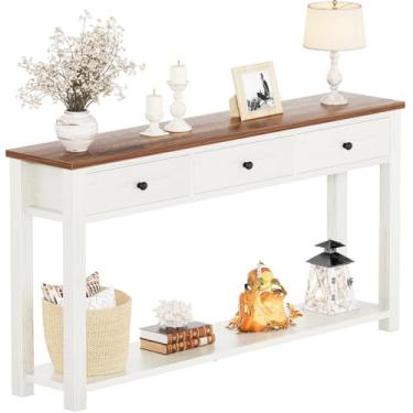 Imagem de Homieasy Mesa de console de fazenda com 3 gavetas, mesa de sofá de madeira de 119 cm com prateleira de armazenamento para sala de estar, sofá atrás, mesa de entrada para corredor, sala de estar ou