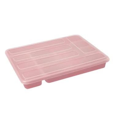 Imagem de Organizador de Talheres Com Tampa Para Gaveta 5 Divisorias Plástico Cozinha Rosa - Rotaplast