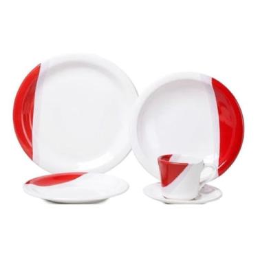 Imagem de Prato de Sobremesa Branco，Jogo de Jantar Louças Pratos e Xícaras 30 peças Completo de cerâmica lindas cores (Vermelho,20 peças)