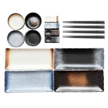 Imagem de FYUEROPA 16 peças de pratos de sushi com molho, pauzinhos e suporte de pauzinhos, travessas retangulares de cerâmica, conjunto de pratos de sushi, conjunto de louça japonesa