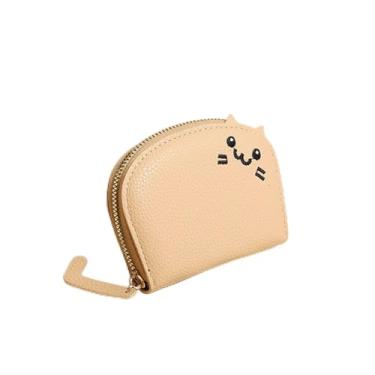 Imagem de Carteira feminina pequena de couro sintético, porta-cartões de crédito resistente à água, aparência de gato fofo, Bege, Tendência