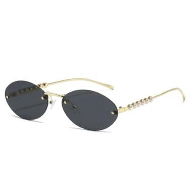 Imagem de HPIRME Óculos de luxo sem armação com lentes degradê para mulheres e homens com detalhes em pérola e proteção UV400 (preto dourado).