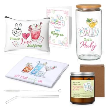 Imagem de LemonRoad Conjunto de 5 peças de presentes de festa Mahjong toalha de prato coquetel bolsa cosmética vela perfumada engraçada cartão de felicitações copo de vidro para amante de Mahjong mulheres mãe