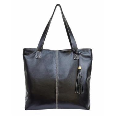 Imagem de Bolsa Feminina Preta Shopbag Grande Tiracolo Ombro em Couro Metais Dou