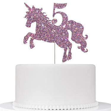 Imagem de Topo de bolo de unicórnio 5 para menino ou menina, decoração de aniversário de cavalo com tema de unicórnio mágico, decoração de bolo de feliz 5º aniversário - enfeite de bolo I'm Five Cake Topper - suprimentos de decoração de festa de 5º aniversário - Glitter roxo