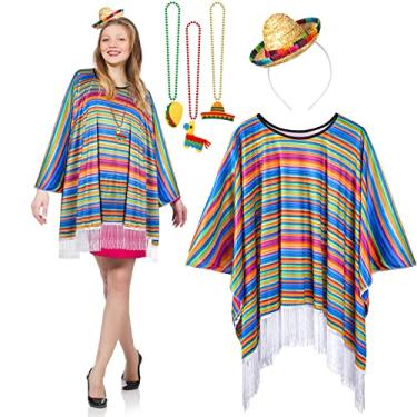 Imagem de 5 peças cinco de maio fantasias de festa festa fiesta serape poncho, tecido fiesta e chapéu sombrero de palha, 3 colares mexicanos de contas para homens adultos e mulheres, decoração de lembrancinhas de festa de aniversário mexicana