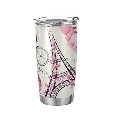 Imagem de xigua Copo de 590 ml com tampa e canudo, copo de café com isolamento a vácuo de aço inoxidável, caneca de viagem com flores da Torre Eiffel de Paris Copo térmico para bebidas quentes e frias