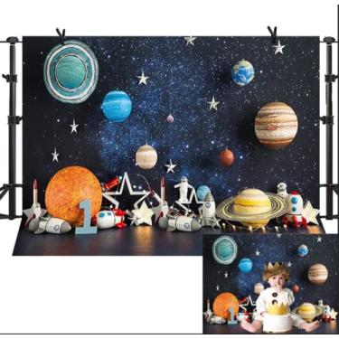 Imagem de Pano de fundo para fotografia do espaço sideral, universo, planeta, estrela, galáxia, astronauta, foguete infantil, decoração de festa de aniversário, decoração de festa de aniversário, bandeira, 2,1